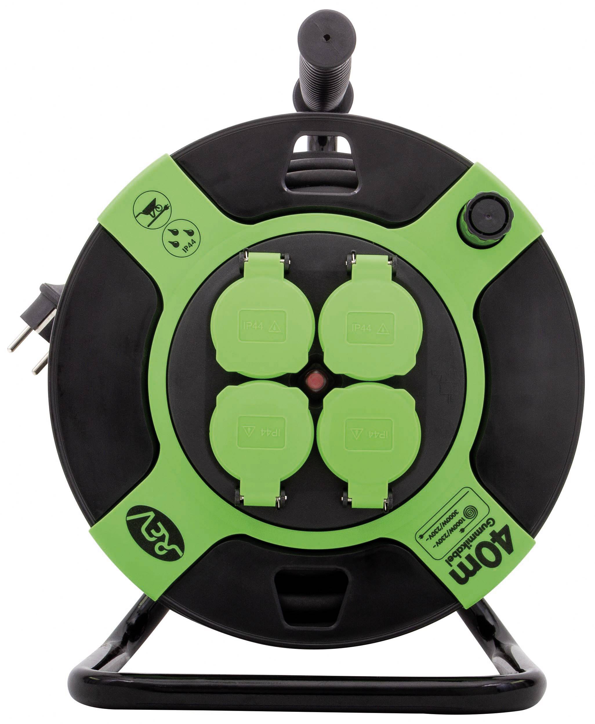 Black cable reel with green protective frame, four plug sockets and 40-metre cable length indicator, suitable for indoor and outdoor use.