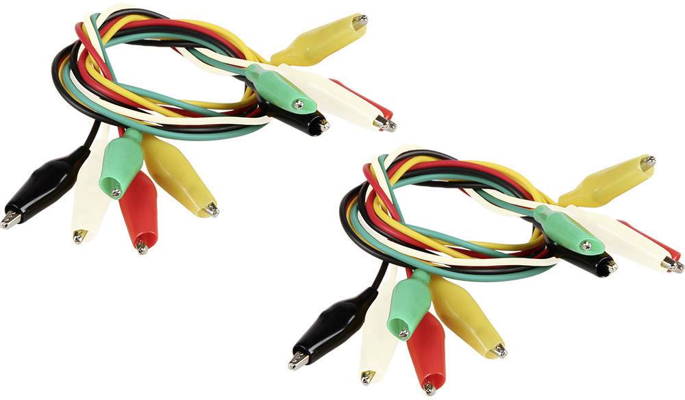 Two bundles of crocodile clips with coloured cables: yellow, green, red, black and white.