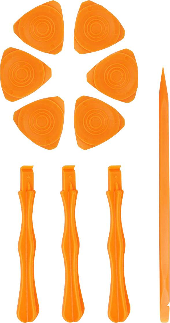 A set of orange plastic tools: six triangular levers, three pointed levers and one long, thin rod.