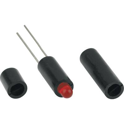 'Disassembled red LED light with black mounting cap and 2 connection pins.'