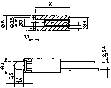 Technical drawing shows two views of a metal component with dimensions. The top view is a cross-section, and the bottom view is a side view.