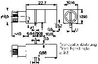 Technical drawing of an electrical connector with dimensions, showing side and top views with measurements in millimetres.