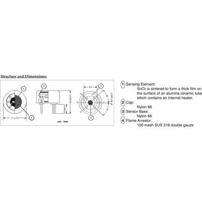 'Drawing of a sensor with labels: 1) Sensor element, 2) Cap, 3) Sensor base, 4) Flame barrier. Dimensions given in mm.'
