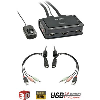 KVM Switch with two HDMI ports, one USB port and cables for audio transmission. Supports Full HD and USB 2.0 480 Mbps.