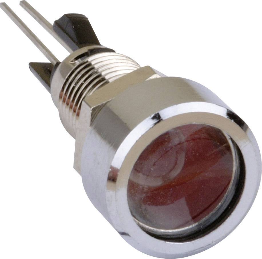 A metal LED indicator with a red lens and two connecting wires. Used in electronic devices to indicate operational states.