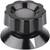 Black, ribbed rotary knob with a wide base. Used for manual adjustment of devices or machines.