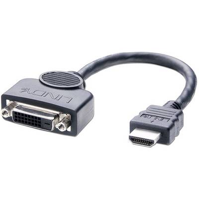 'DVI-to-HDMI adapter cable with male HDMI plug and female DVI socket. Enables connection between DVI devices and HDMI displays.'