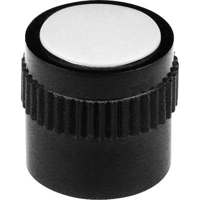 A black plastic button with a ridged edge and a white top surface.