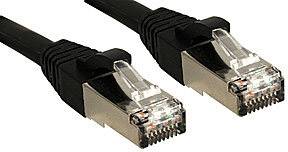 Two black Ethernet cables with silver connectors lie side by side. They are suitable for connecting computer networks.