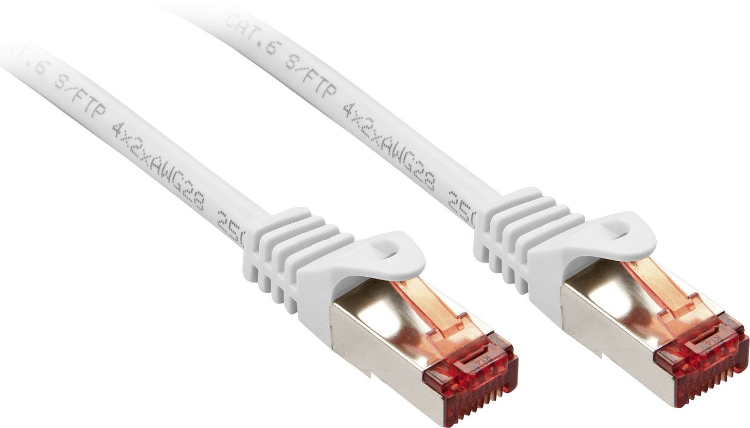 Two white Ethernet cables with red, shielded connectors, ideal for fast data transfer and network connections.