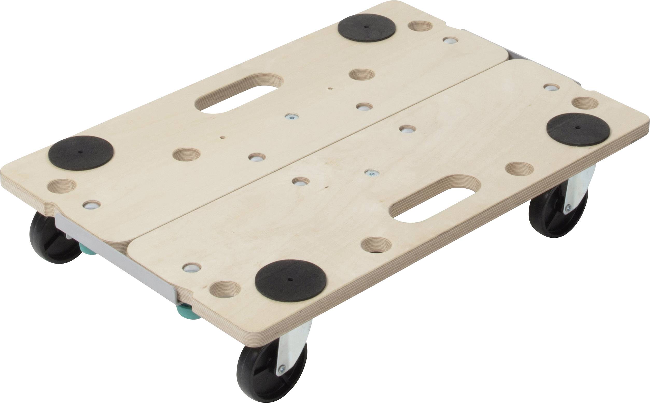 Wooden trolley with four black wheels, black rubber buffer, and carrying handles. Perfect for transporting heavy items.