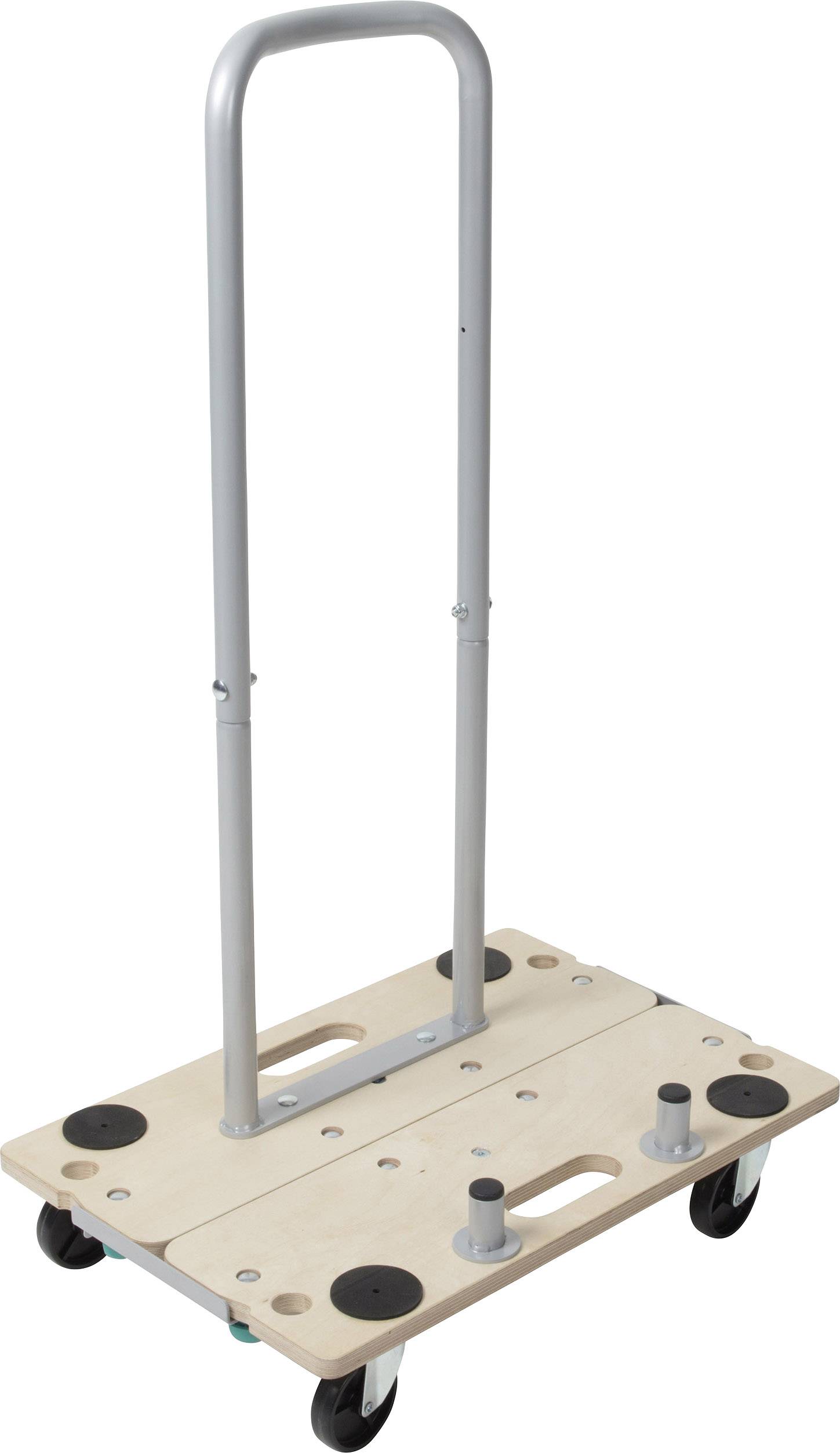 Transport trolley with metal handle and wooden platform on four wheels. Suitable for easily moving loads and items.