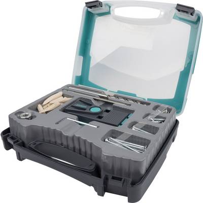 Tool set in an open plastic case, containing screws, wall plugs and brackets, used for furniture assembly or repair.