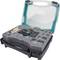 Tool set in an open plastic case, containing screws, wall plugs and brackets, used for furniture assembly or repair.