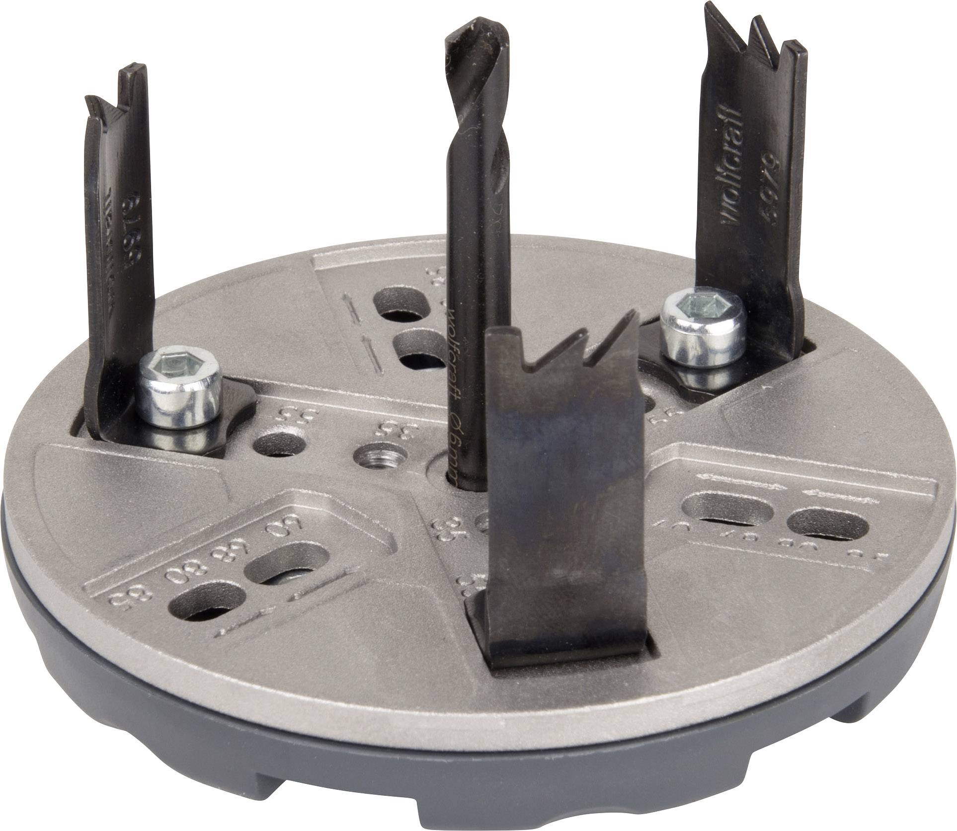 A diamond-studded drill head with multiple blades for use on rotary drilling and milling equipment. Shape and mounting screws are visible.