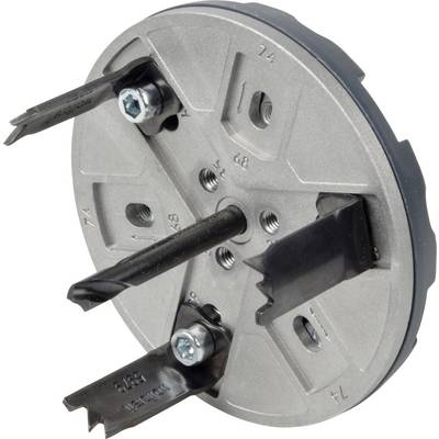 An adjustable hole saw with metal disc and three blades, suitable for drilling large holes in various materials.