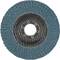 A blue abrasive flap disc with laminar structure and metal centre hole, for use with power tools.