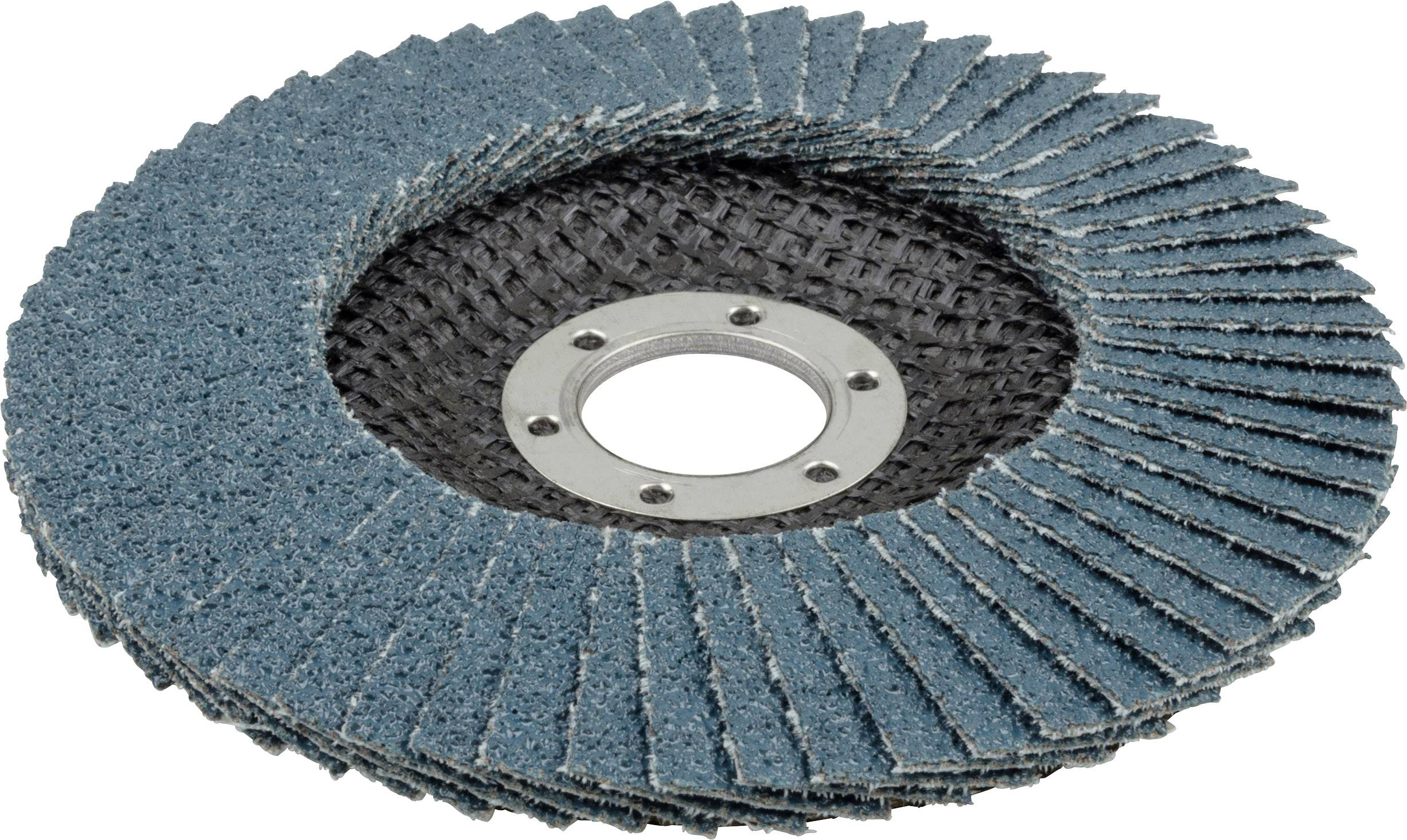 Grinding disc with blue lamellas, suitable for metal grinding. Circular shape with central metal bore.