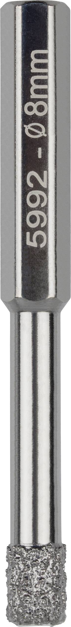 Close-up of a cylindrical drilling tool with a diamond-coated head and the marking '5.992 - Ø8mm' on the shaft.