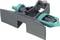 A grey and turquoise fine-adjustment tool with a measurement scale. It is used for precisely setting up a turntable tonearm.