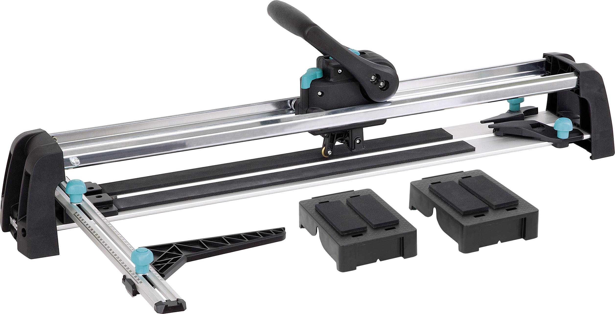 Metal tile cutter with a black handle and two black support boxes on a white background.