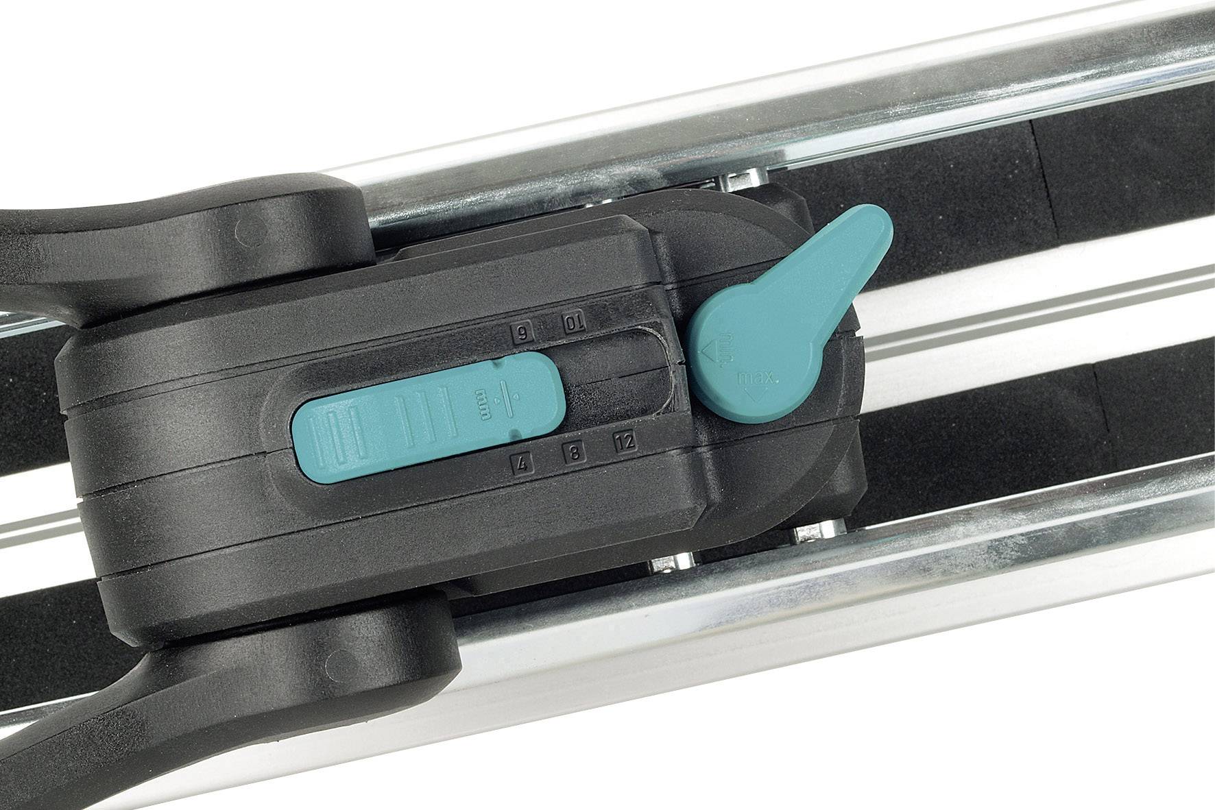 A black and turquoise locking mechanism on a metal rod.