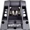 A black, compact angle holder by Wolfcraft, with multiple drill holes, suitable for assembly and DIY tasks.