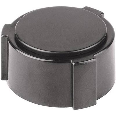 Black, round plastic lid with side tabs. Suitable for sealing pipes or containers.