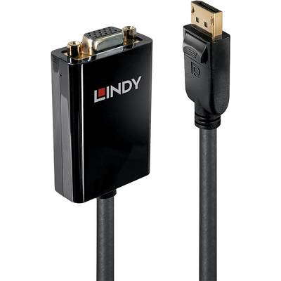 A black adapter with the LINDY logo connects a VGA plug with a DisplayPort connector, which is used for video and audio transmission.