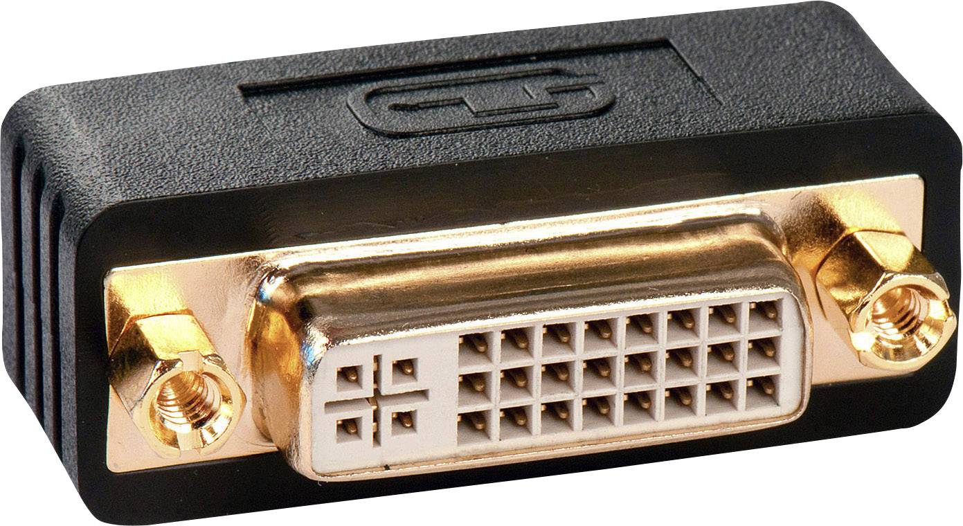 A DVI adapter for connecting devices with different ports, rectangular with gold-plated contacts and screws.