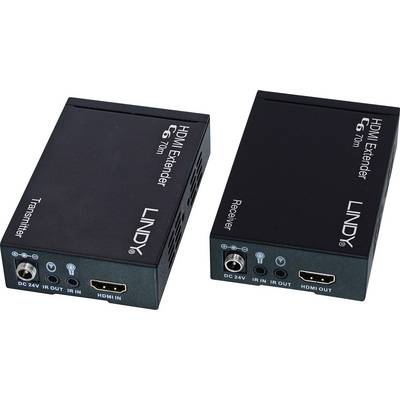 A HDMI Extender comprising a transmitter and receiver by the Lindy brand, for video and audio transmission over long distances.