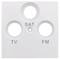 White connection socket with three round openings, labelled 'SAT', 'TV', and 'FM' for satellite, television, and radio reception.