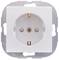 White two-pin socket for electrical power supply, fitted into a metal mounting bracket.