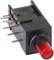 Black electric switch with red LED indicator light, multiple metal pins, and rectangular shape, for equipment operation.