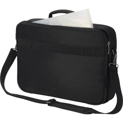 A black laptop bag with shoulder straps, partially open, reveals a shimmering object in the main compartment.