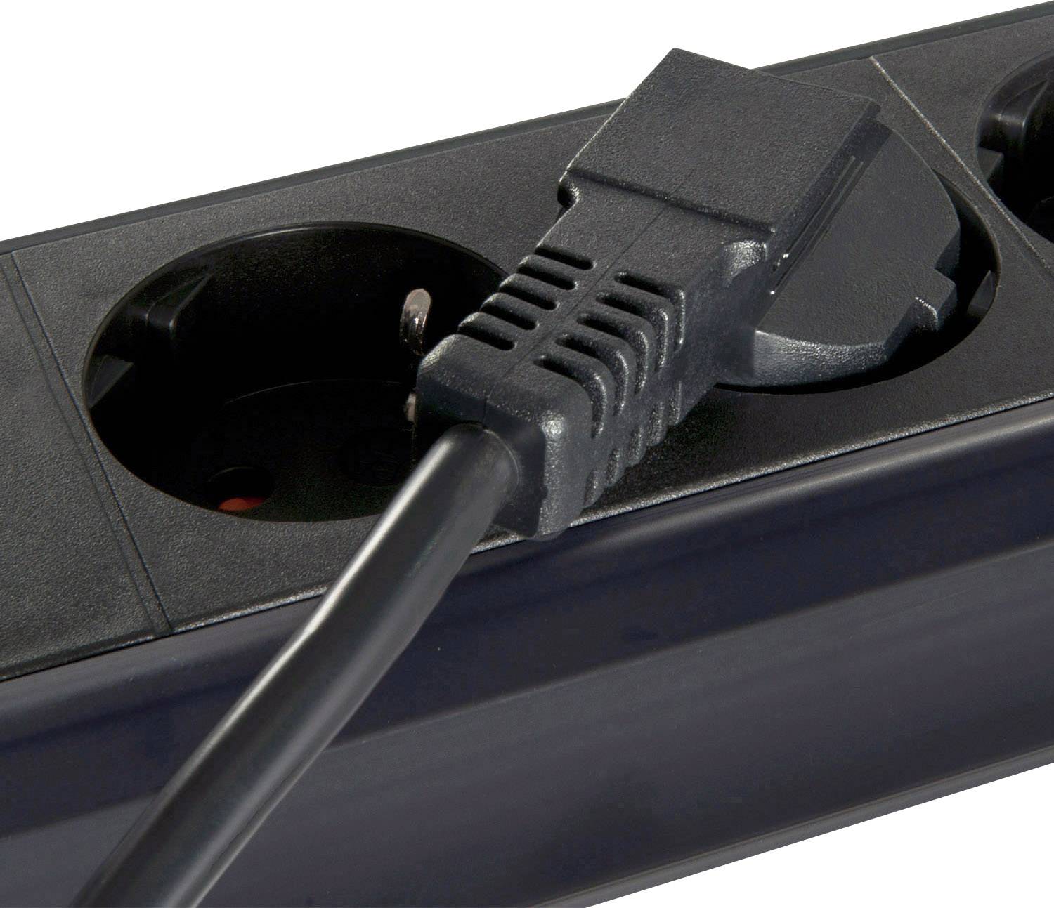 The mains plug of an electrical device is inserted into a multi-socket extension lead. The lead has several socket outlets.