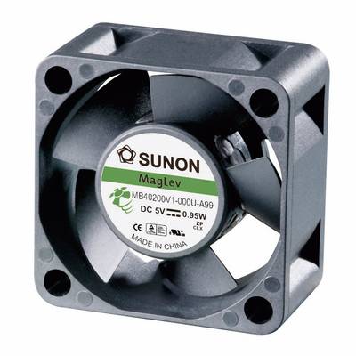 A square fan with a branded sticker 'Sunon MagLev', model MB40200V1-000U-A99, operating voltage 5V, power consumption 0.95W.