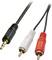 Three audio cables: a 3.5 mm jack plug in black and two phono plugs in white and red, for stereo signals.