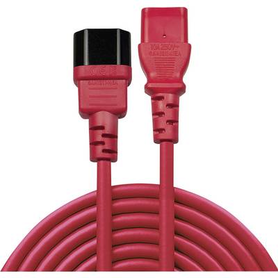 Red network cable with two different connectors, one straight C13 plug and one angled C14 socket, both red.