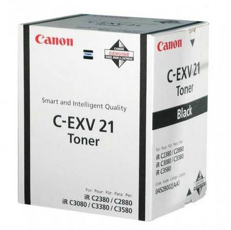 Canon C-EXV 21 Toner Cartridge in Black for Printer Models iR C2380/2880/3080/3580. Packaging shows model number and compatibility.