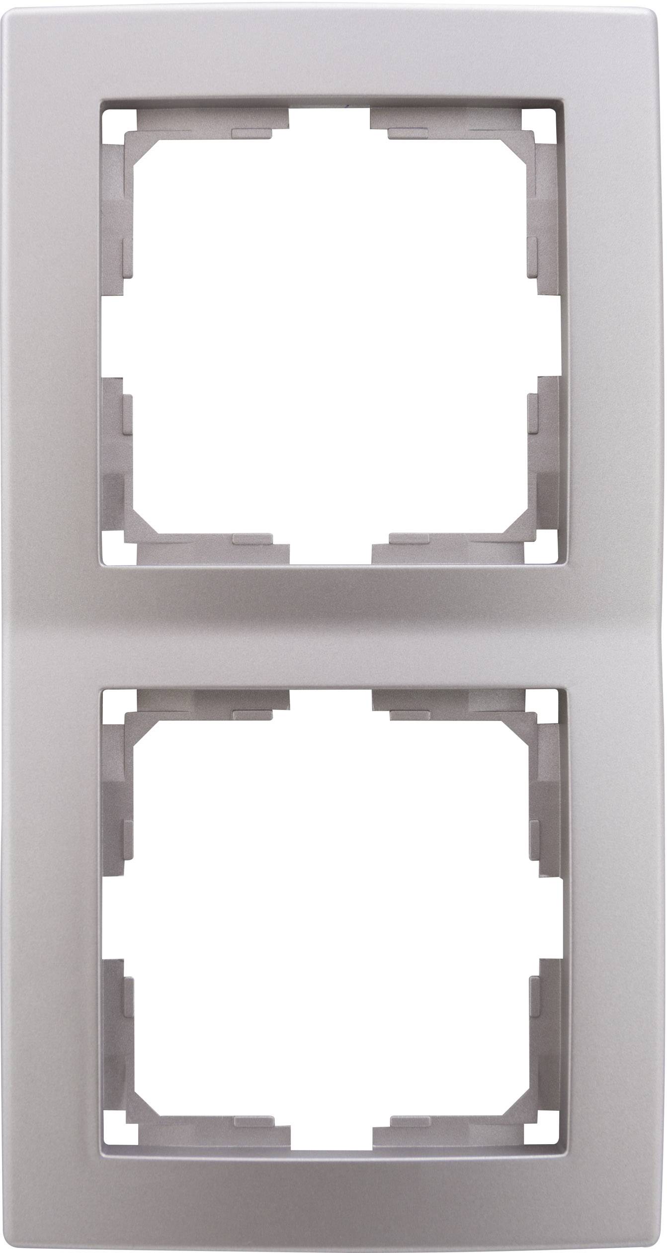 Double frame for sockets or switches, rectangular shape, made of silver-coloured material, with no visible screws or electrical components.