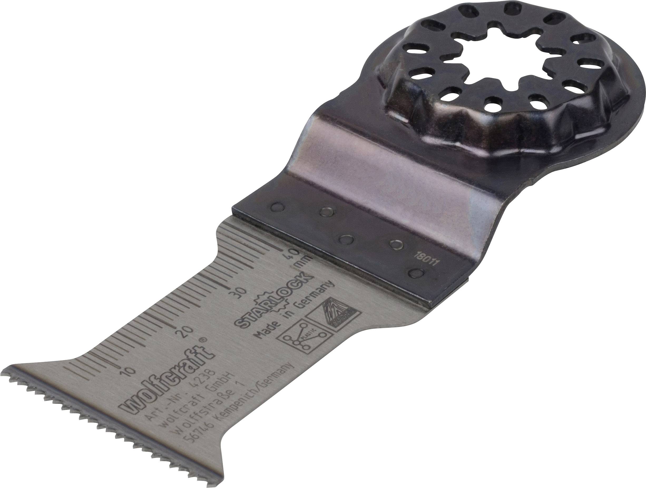'Multi-functional tool saw blade with centimetre scale, star-shaped mount and fine serration, suitable for precise cutting.'