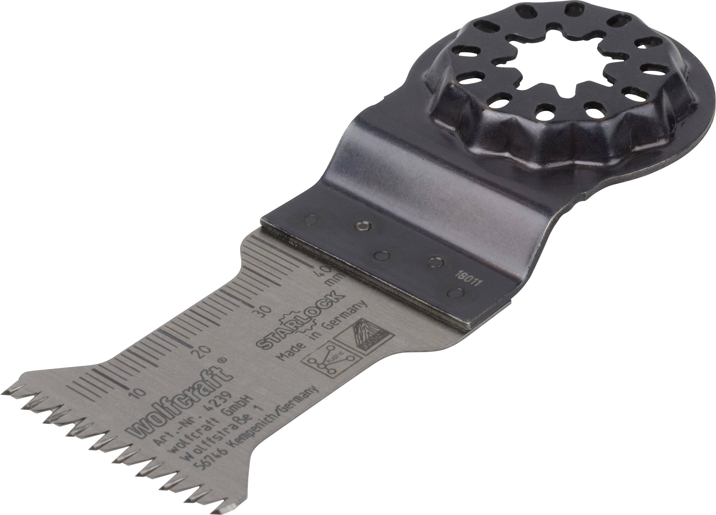 Metal saw blade with attachment, serrated blade, marked with centimetre scale and manufacturer information.
