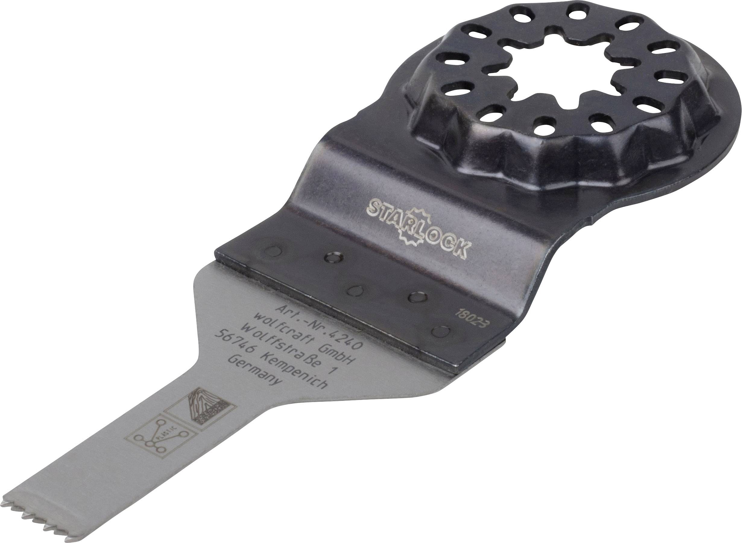 The image depicts a silver saw blade with a black Starlock mounting system, suitable for precision work.
