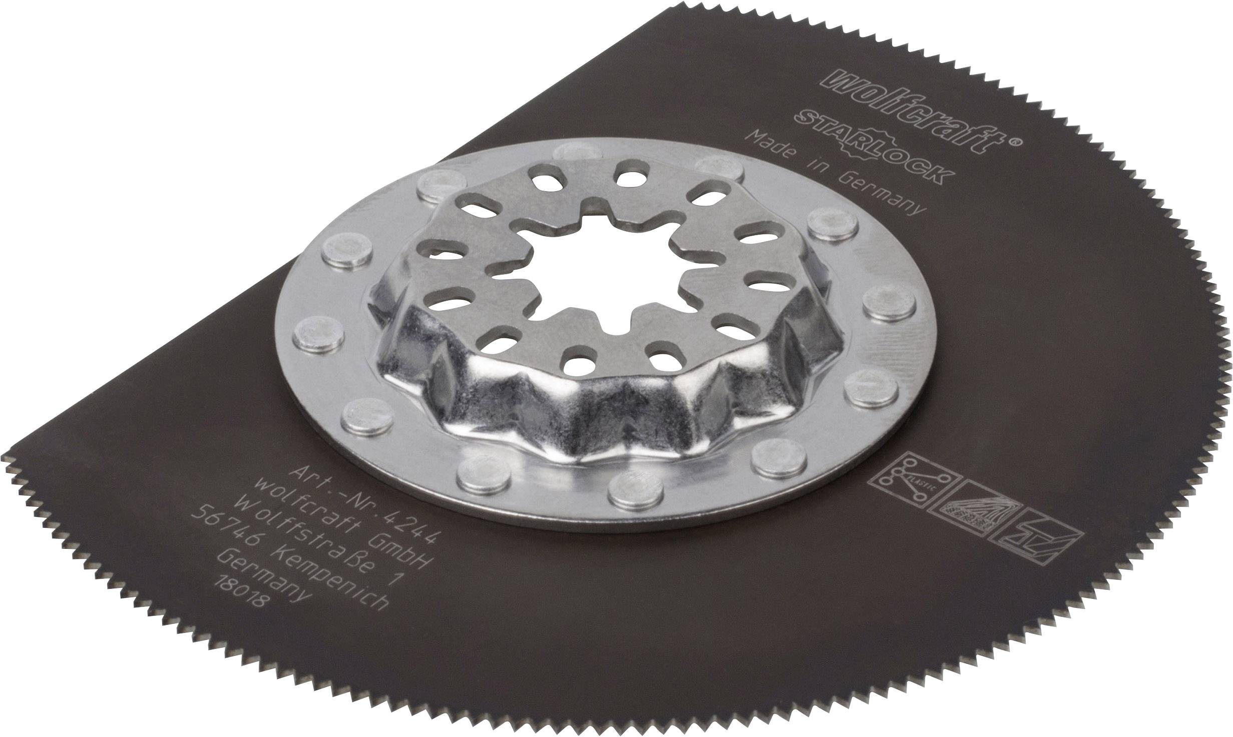 A circular saw blade with a serrated edge, a central metal star and text 'wolfcraft snap-in Made in Germany'.