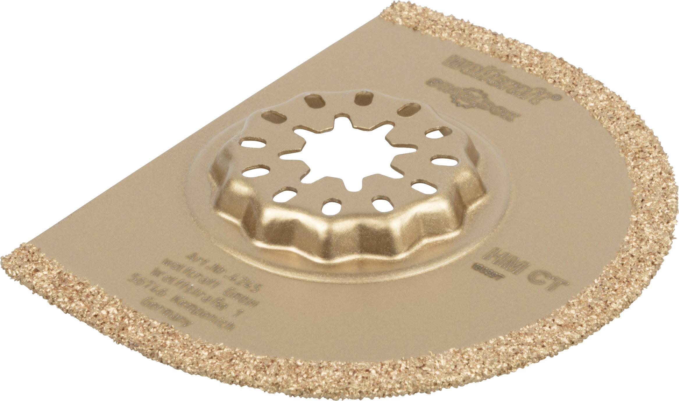 Multifunctional saw blade with semi-circular edge and star-shaped mounting, coated for precise cutting.