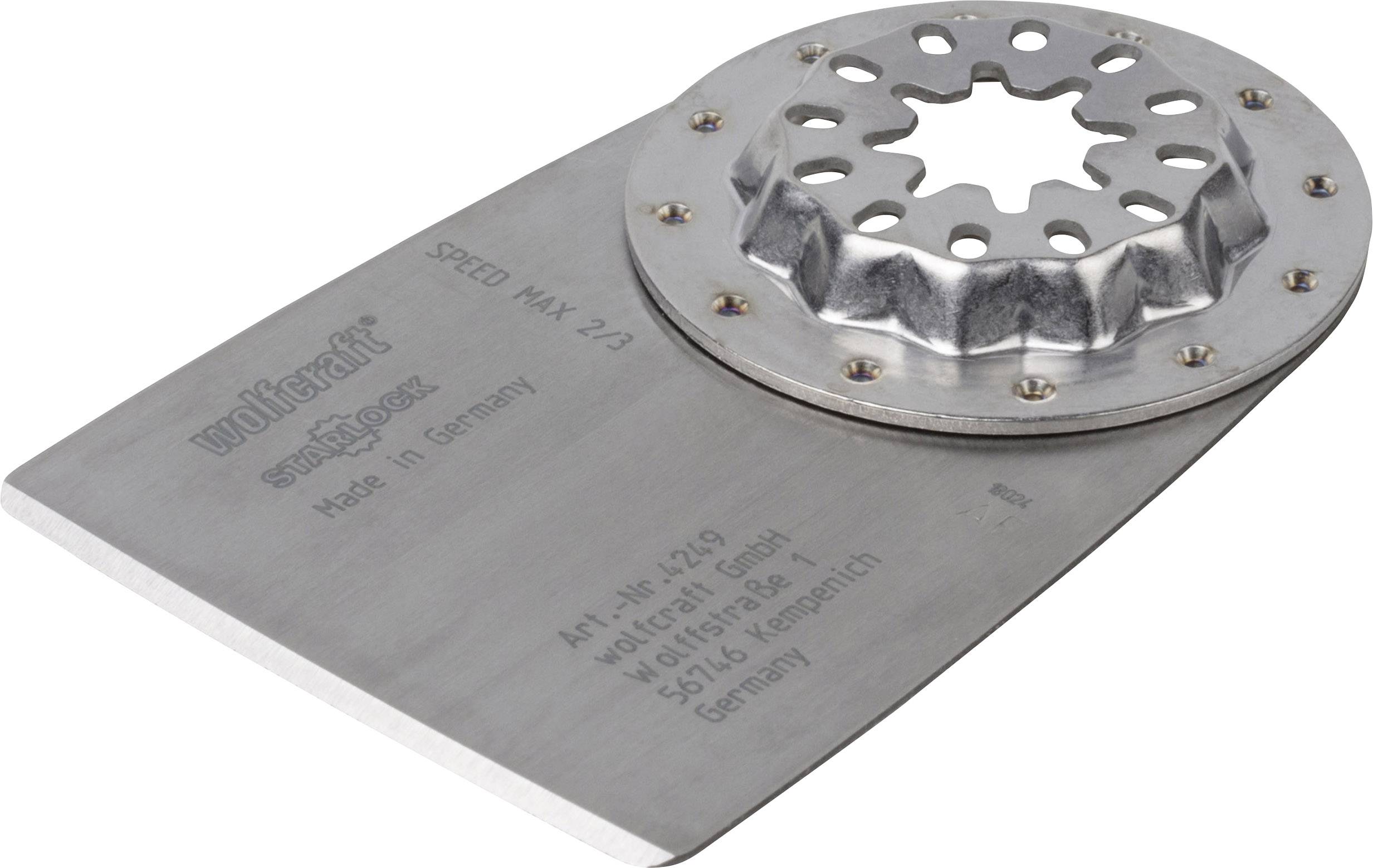 Cutting tool attachment with star-shaped fixing element, labelled 'wolfcraft speedmax 2.3', manufactured in Germany.