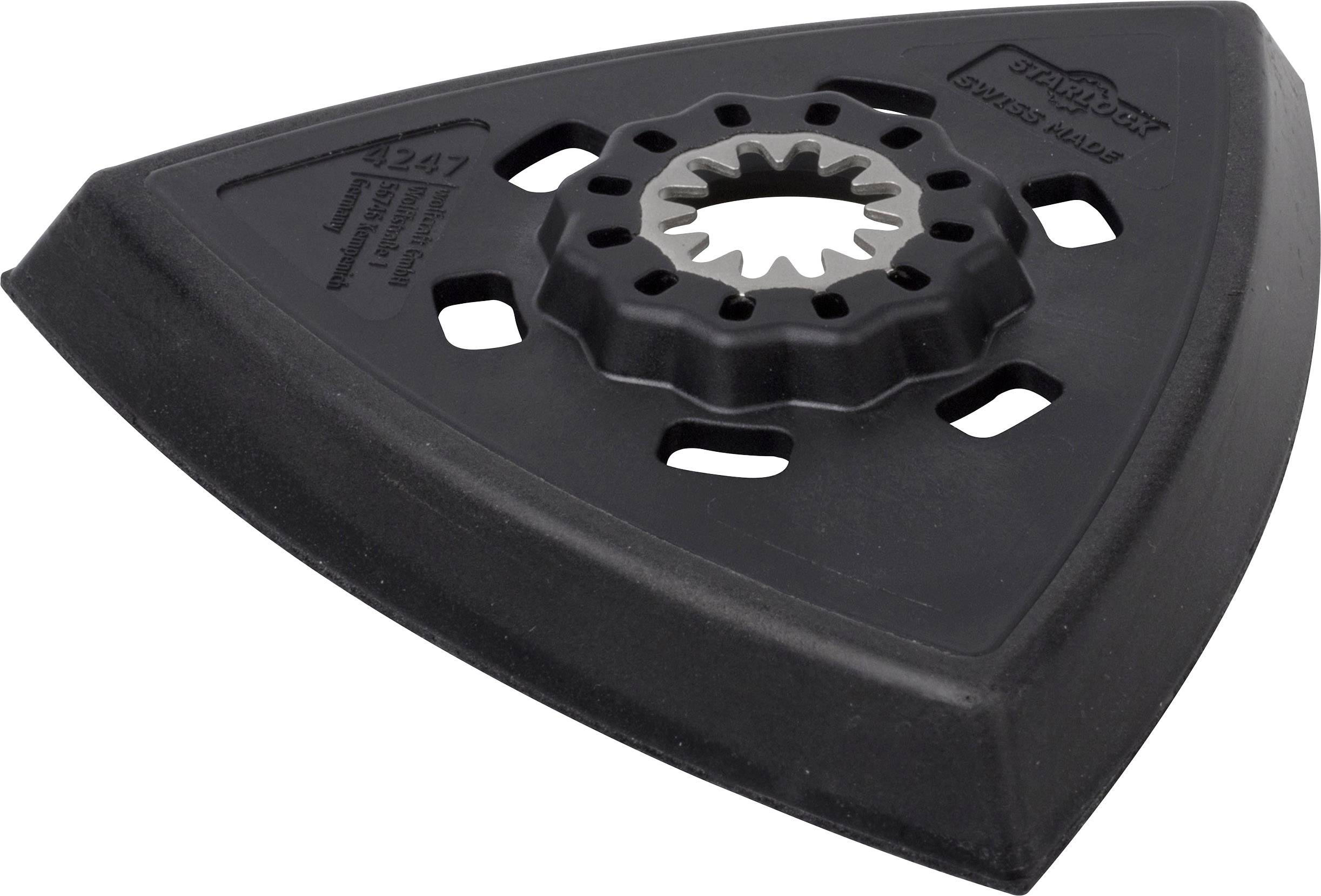Black triangular sanding accessory for a hand tool with multiple round recesses and a serrated centre.