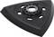 Black triangular sanding accessory for a hand tool with multiple round recesses and a serrated centre.