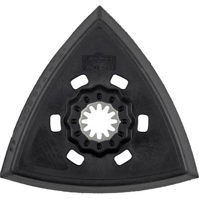 Triangular sanding plate with black edges and central mounting device, suitable for multi-function tools.